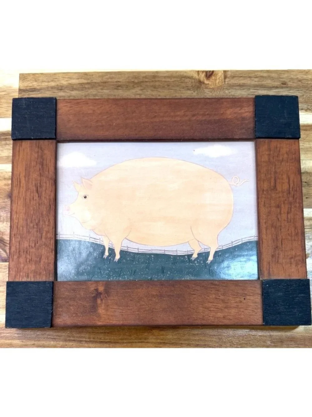 Vintage Primitive Folk Art Framed Prints Set - Pig & Sheep Pasture